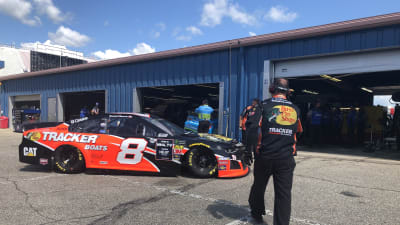 Daniel Hemric pulls the No. 8 Bass Pro Shops Chevrolet back into the tight Michigan International Speedway garage stalls during opening practice.