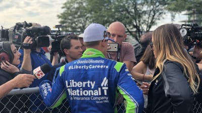 Daniel Hemric speaks with members of the media after walking from infield care center at Indianapolis Motor Speedway. (RCR)