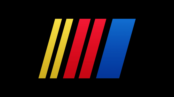 NASCAR's famous stripes: two small yellow stripes, two medium red ones, and a large blue one, all slanted to the right