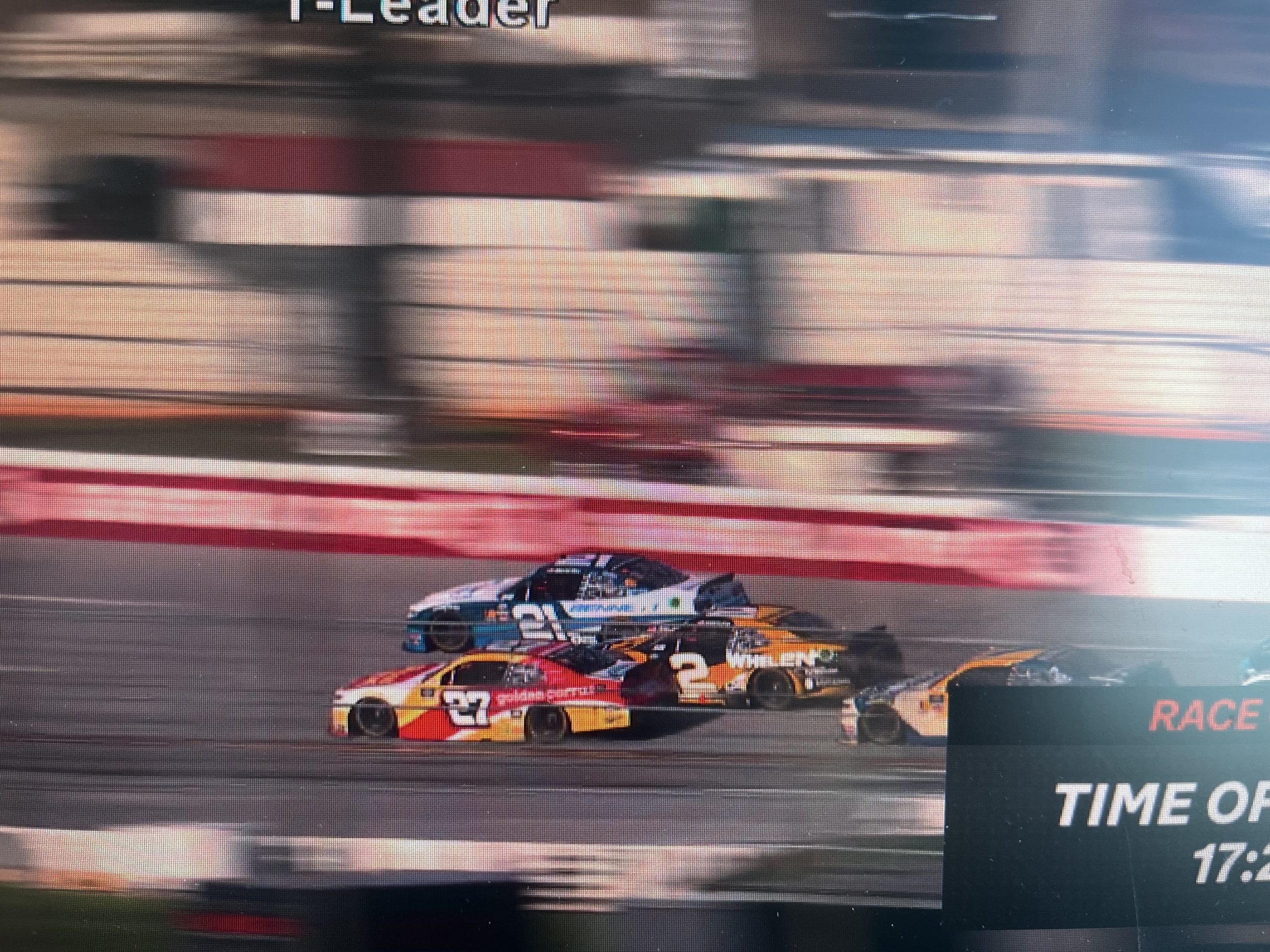 A photo of the NASCAR Xfinity Series finish at Talladega Superspeedway.