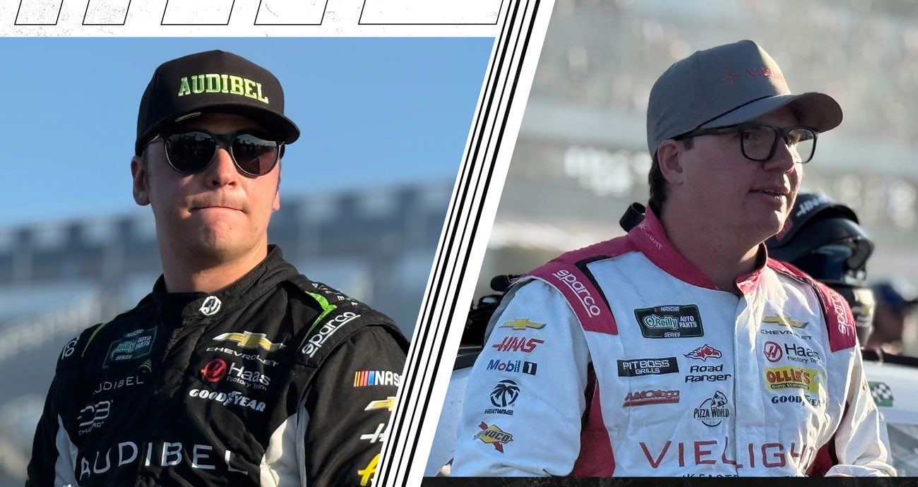 Sam Mayer and Sheldon Creed look on at Pocono after O'Reilly Auto Parts Series race.