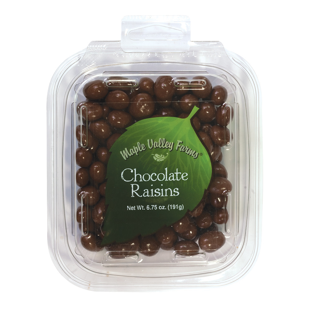 Maple Valley Farms Milk Chocolate Raisins 6.75 Oz Peg Tub Nassau Candy