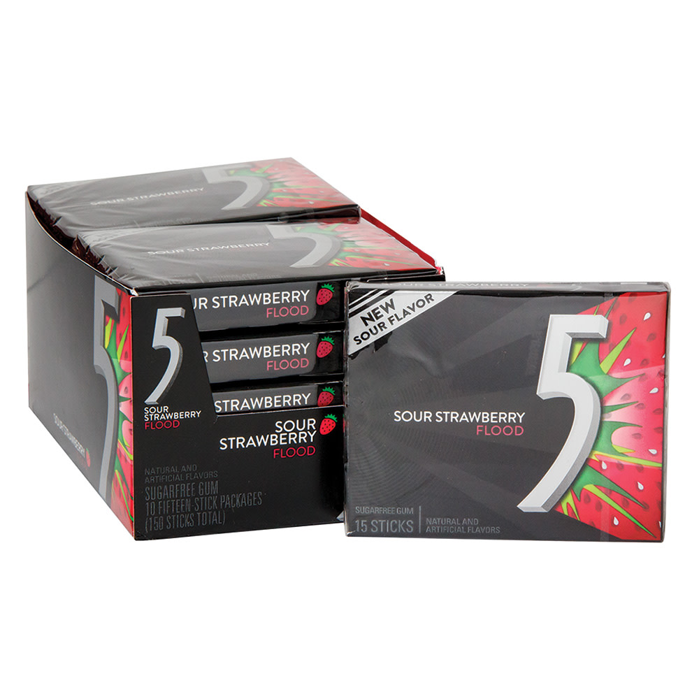 5 Gum Strawberry Flood Sugarfree Gum, 10 Packs