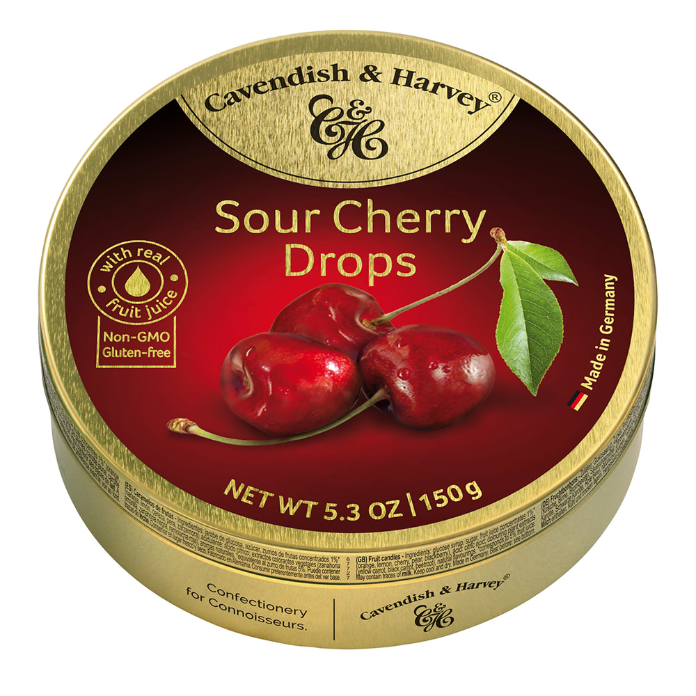 Cavendish & Harvey Sour Cherry Drops 5.3 oz Tin Nassau Candy