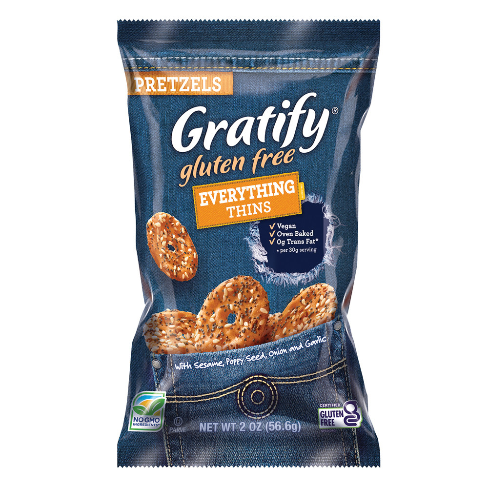 Gratify Gluten Free Everything Pretzel Thins 10.5 Oz Bag Nassau Candy