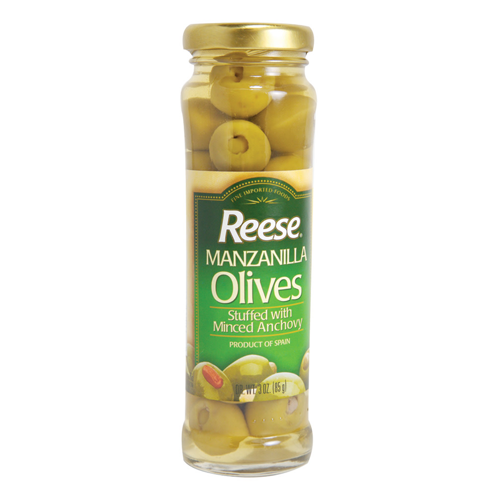 Reese Manzanilla Anchovy Stuffed Olives 3 oz Jar Nassau Candy