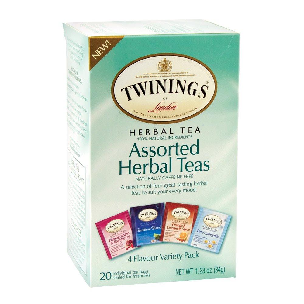 Twinings Assorted Herbal Teas Bags, 4 Flavour Variety Pack, Caffeine Free,  20 Count Box 