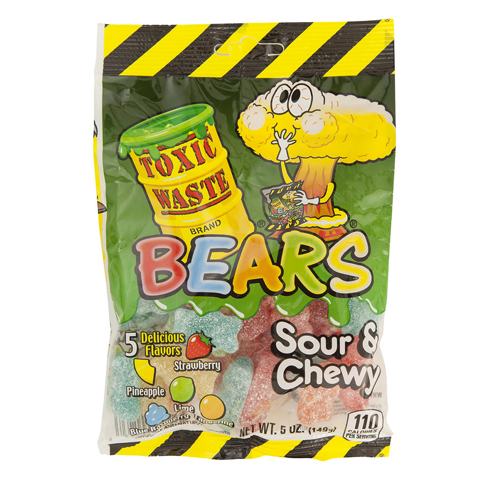 Toxic Waste Sour And Chewy Gummy Bears 5 oz Peg Bag | Nassau Candy