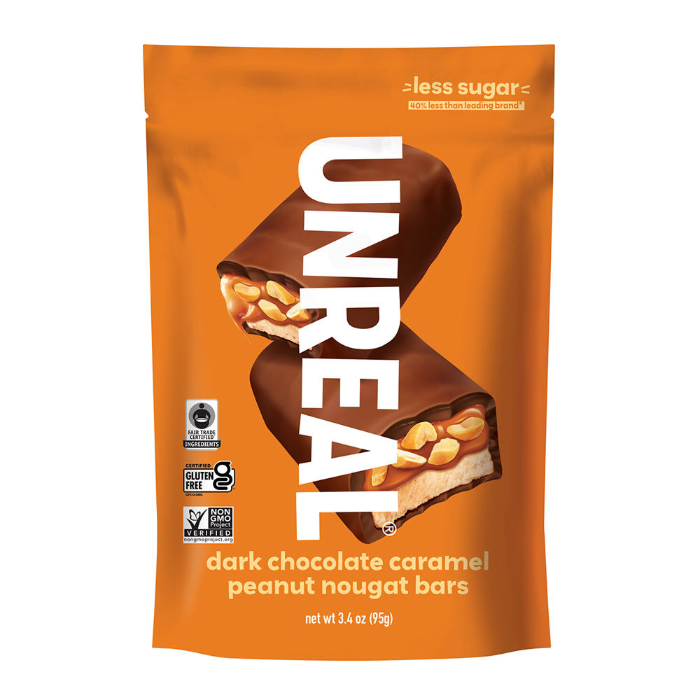 Unreal Dark Chocolate Caramel Peanut Nougat Bars 3.4 oz Bag Nassau Candy