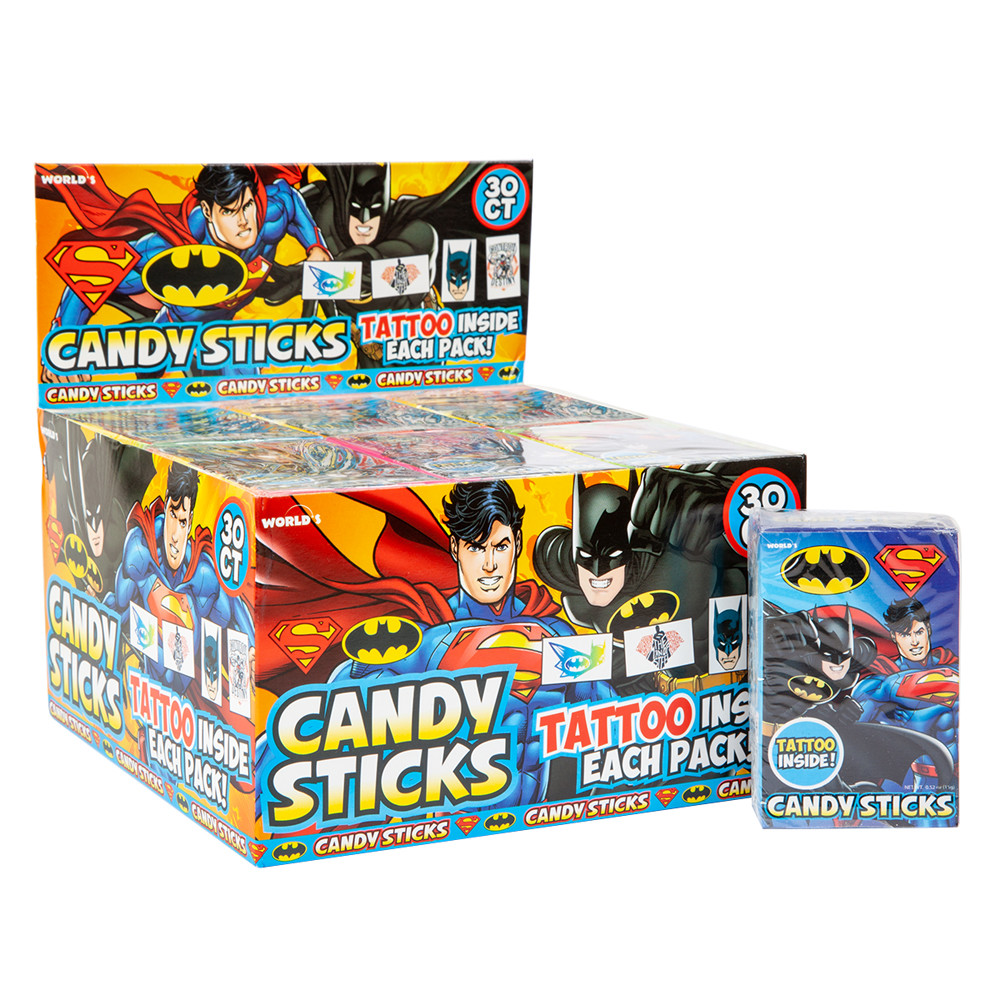 Batman and Superman Candy Sticks with Tattoo | Nassau Candy