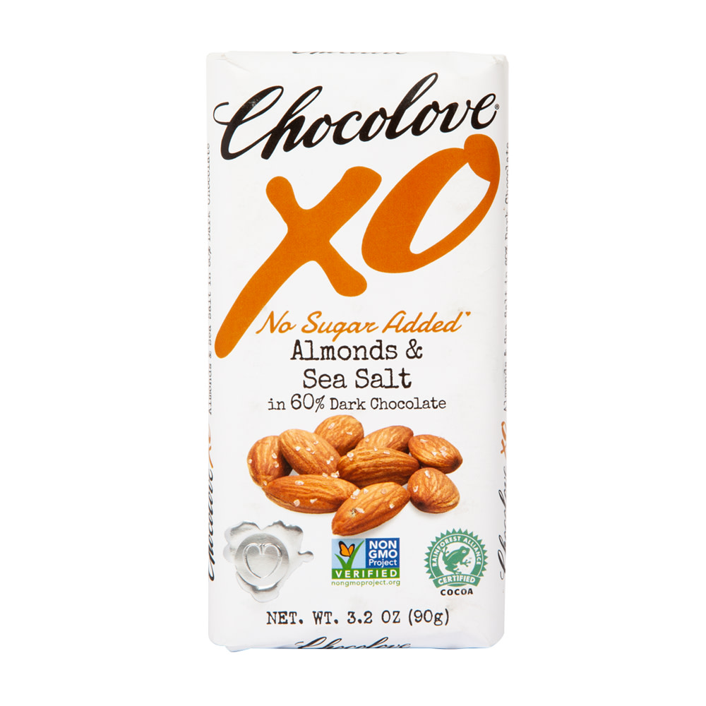 CHOCOLOVE XO NO SUGAR ADDED ALMOND SEA SALT 60% DARK CHOCOLATE 3.2 OZ