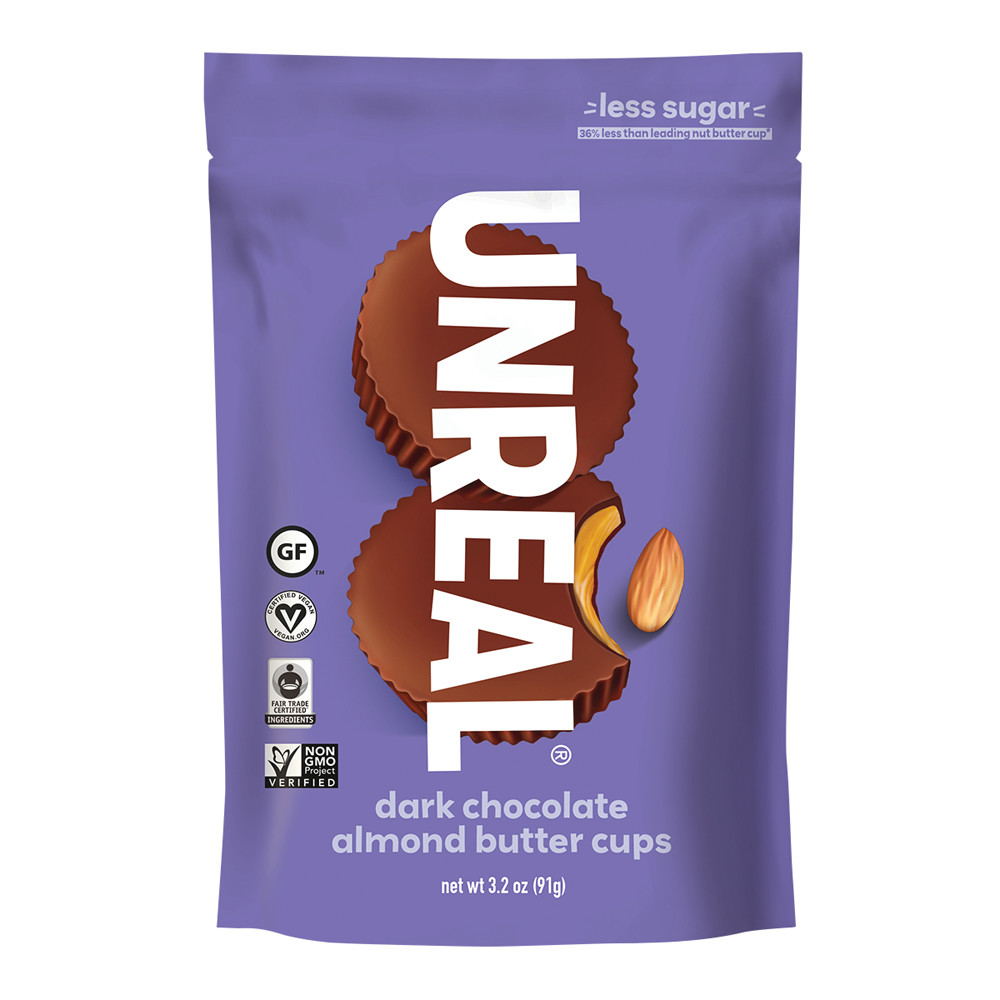 Unreal Dark Chocolate Almond Butter Cups 3.2 oz Pouch Nassau Candy