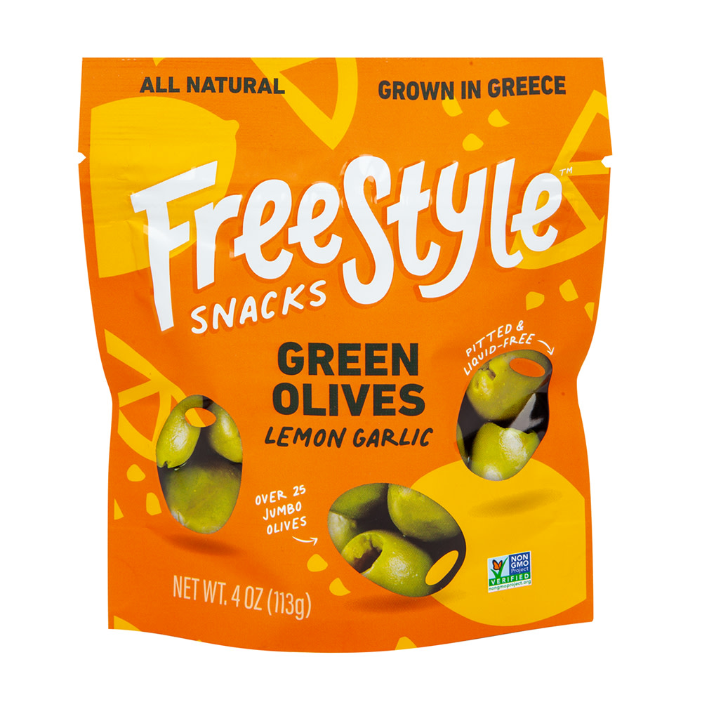 Freestyle Snacks Lemon & Garlic Green Olives 4 oz Pouch Nassau Candy