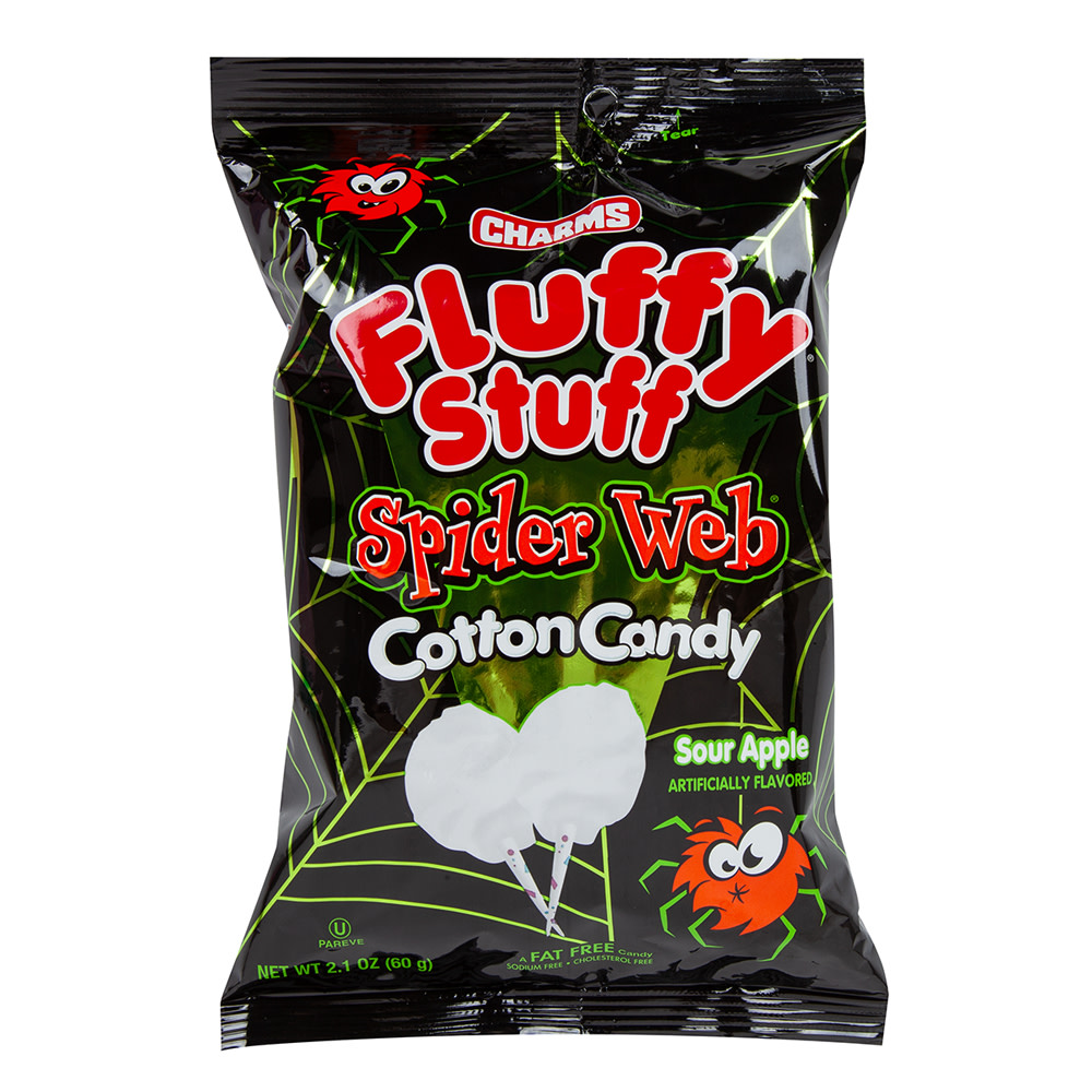 Fluffy Stuff Sour Apple Spider  Cotton Candy 2.1 oz Bag Nassau Candy