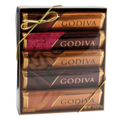 GODIVA ASSORTED CHOCOLATE BARS 5 PC GIFT PACK 7.5 OZ ACETATE