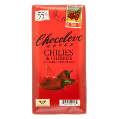 CHOCOLOVE CHILIES AND CHERRIES IN DARK CHOCOLATE 3.2 OZ BAR