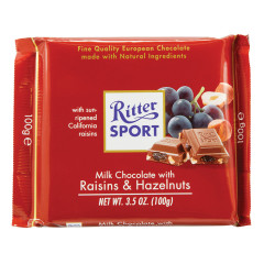 RITTER SPORT MILK CHOCOLATE WITH RAISINS AND HAZELNUTS 3.5 OZ BAR