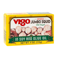 VIGO JUMBO SQUID IN SOY AND OLVE OIL 4 OZ TIN