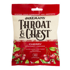 JAKEMANS THROAT & CHEST CHERRY COUGH DROPS 30 PC 4 OZ PEG BAG