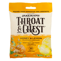 JAKEMANS THROAT & CHEST HONEY LEMON COUGH DROPS 30 PC 4 OZ PEG BAG