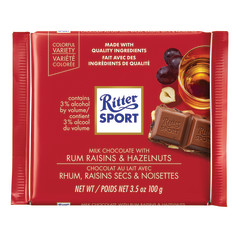 RITTER SPORT BAR MILK CHOCOLATE WITH RUM RAISINS & HAZELNUTS 3.5 OZ