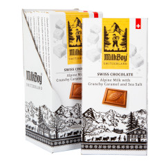 MILKBOY SWISS ALPINE MILK CHOCOLATE WITH CRUNCHY CARAMEL AND SEA SALT 3.5 OZ BAR