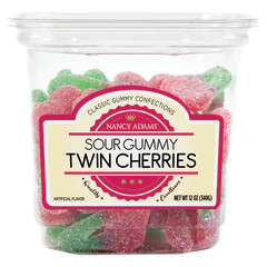 NANCY ADAMS SOUR GUMMY TWIN CHERRIES 12 OZ TUB