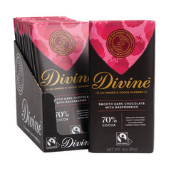 DIVINE 70% DARK CHOCOLATE WITH RASPBERRIES 3 OZ BAR