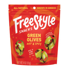 FREESTYLE SNACKS HOT & SPICY GREEN OLIVES 4 OZ POUCH