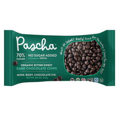 PASCHA ORGANIC NO SUGAR ADDED BITTERSWEET DARK CHOCOLATE CHIPS 70% CACAO WITH STEVIA 8 OZ BAG