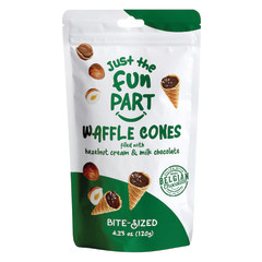 JUST THE FUN PART BITE SIZED WAFFLE CONES FILLED WITH HAZELNUT CREAM & MILK CHOCOLATE 4.23 OZ PEG BAG