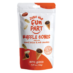 JUST THE FUN PART WAFFLE CONES FILLED WITH PEANUT BUTTER & MILK CHOCOLATE 4.23 OZ PEG BAG