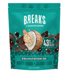 SCHARFFEN BERGER BREAKS 43% CACAO OAT MILK CHOCOLATE PUFFED QUINOA & COCONUT BARK 4.5 OZ BAG