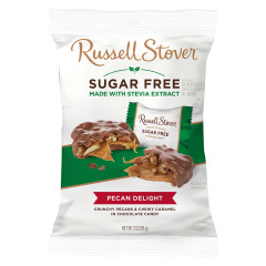 RUSSELL STOVER SUGAR FREE PECANS & CARAMEL IN MILK CHOCOLATE CANDY 3 OZ PEG BAG