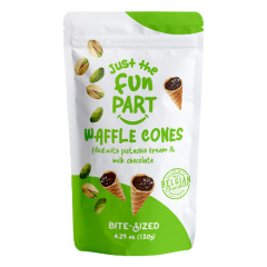 JUST THE FUN PART PISTACHIO CREAM MILK CHOCOLATE WAFFLE CONES 4.23 OZ BAG