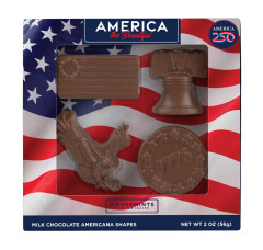 AMUSEMINTS AMERICA 250 LIBERTY BELL, FLAG, EAGLE, & COIN MILK CHOCOLATE MINIS 2 OZ WINDOW BOX