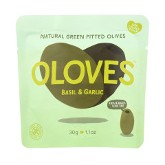 OLOVES - PITTED GRN OLIVES BASIL/GARLIC - 1.1OZ