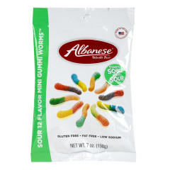 ALBANESE 12 FLAVOR SOUR MINI GUMMI WORMS 7 OZ PEG BAG *SF DC ONLY*