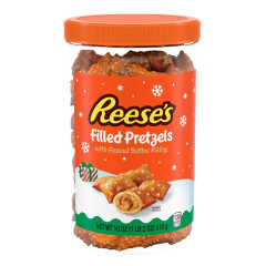 REESE'S HOLIDAY FILLED PRETZELS WITH PEANUT BUTTER FILLING 18 OZ TUB