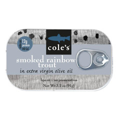 COLE'S APPLEWOOD SMOKED PETITE RAINBOW TROUT IN OLIVE OIL 3.2 OZ BOX