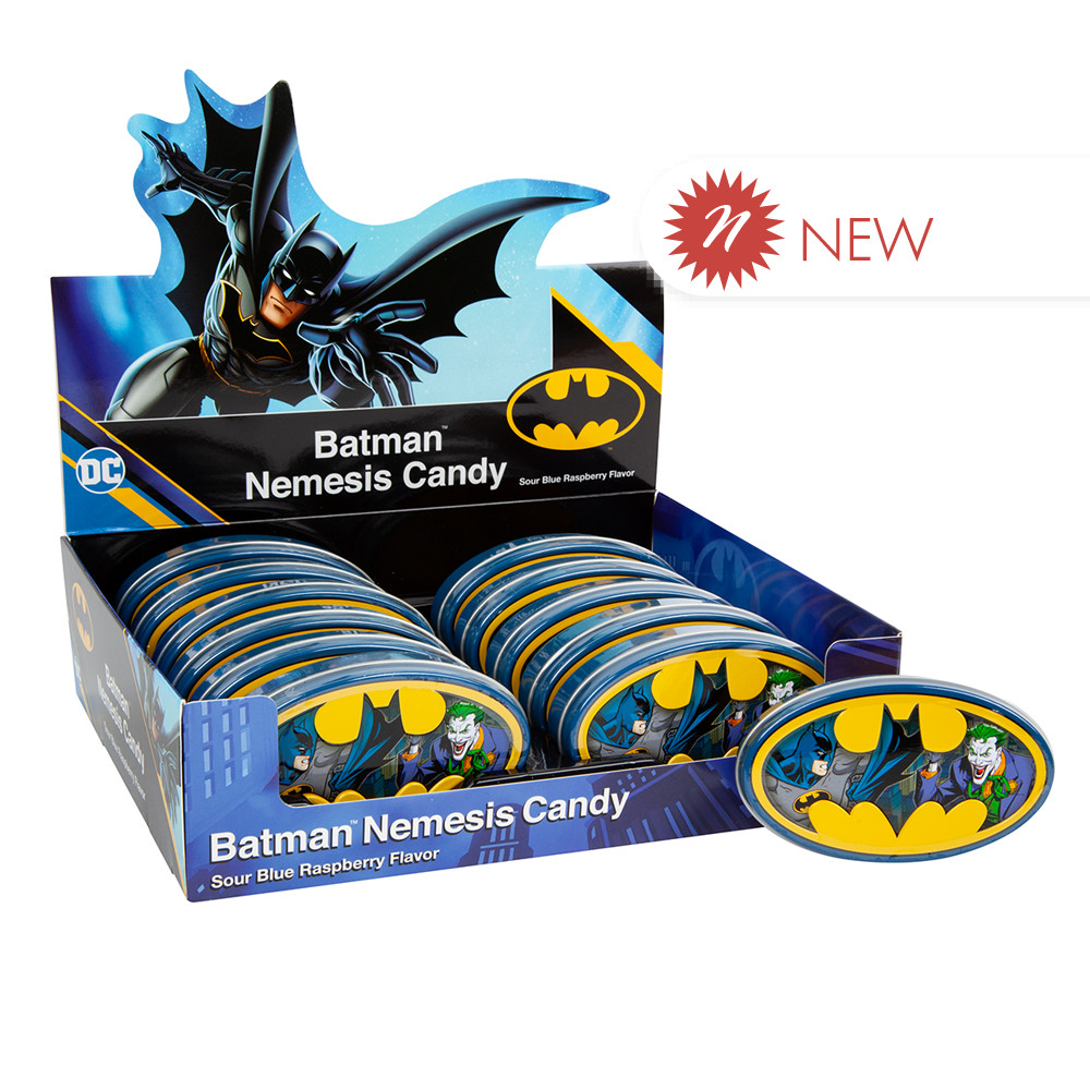 Batman Sour Blue Raspberry Nemesis Candy 1.2 oz Tin | Nassau Candy