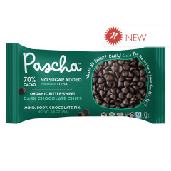 PASCHA ORGANIC NO SUGAR ADDED BITTERSWEET DARK CHOCOLATE CHIPS 70% CACAO WITH STEVIA 8 OZ BAG