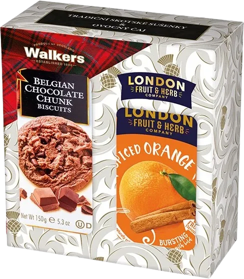 Dárková_sada_-_Walkers_Sušenky_Čokoládové_s_kousky_belgické_čokolády_+_London_F&H_Čaj_Pomeranč_se_skořicí
