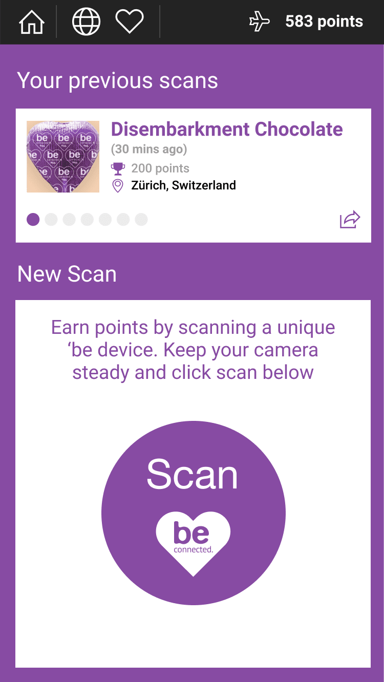 1. The passenger opens the app. The passenger then taps the 'scan' button and holds the chocolate steady ready for the actual scanning.