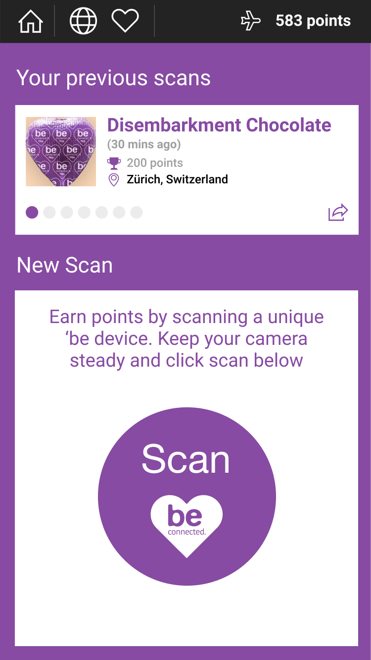 1. The passenger opens the app. The passenger then taps the 'scan' button and holds the chocolate steady ready for the actual scanning.