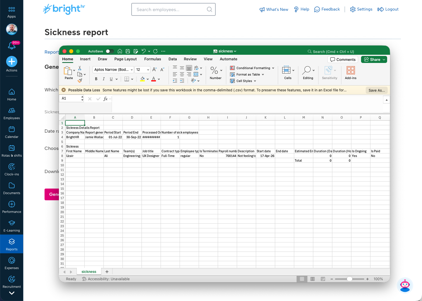 The exported spreadsheet