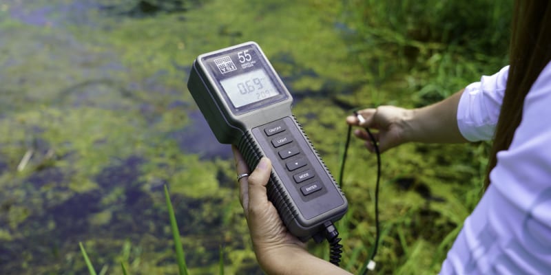 A dissolved oxygen meter with a pond's edge in the background