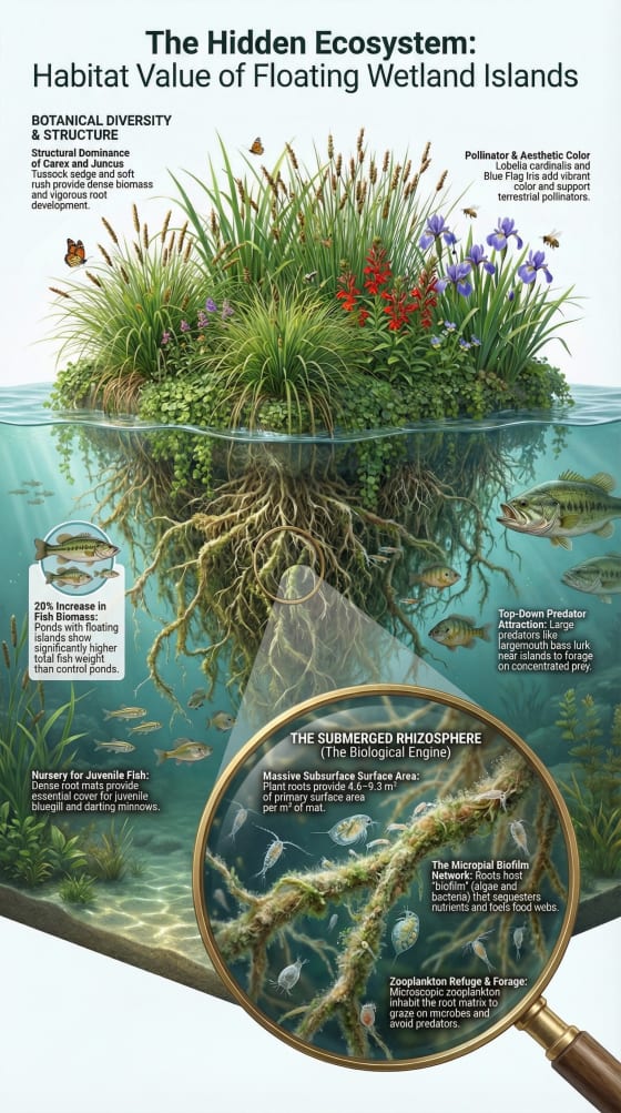 Cross-section showing a floating wetland island above and below the waterline - plants and pollinators on top, submerged root zone with biofilm, juvenile fish nursery, and zooplankton refuge below