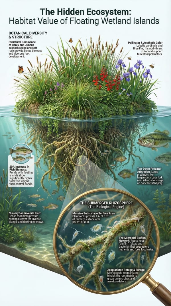 Cross-section showing the hidden ecosystem beneath a floating wetland island - plants above water, root zone biofilm, juvenile fish nursery, and zooplankton refuge below the surface