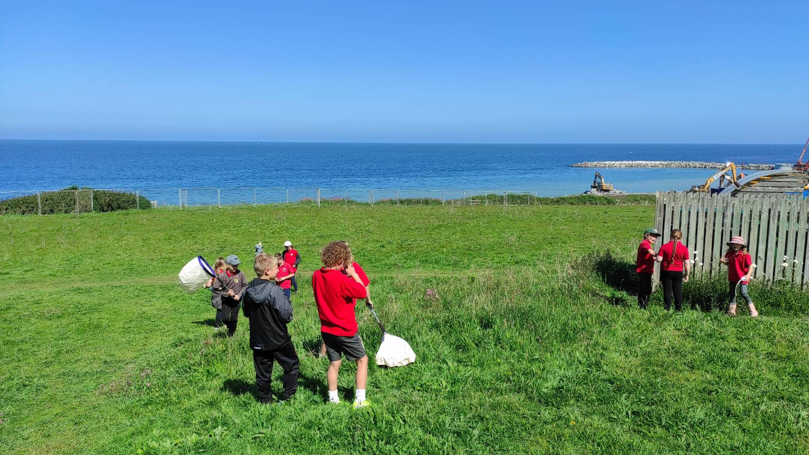 Students in bright red shirts on green sloping grassland with blue sea and sky